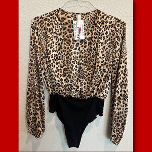 LOVESONG Bodysuit Leopard Print Silk Surplice Wrap Long Sleeve size Small